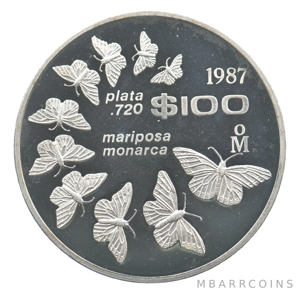 1987 Mo Mexico 100 Pesos Silver Monarch Butterfly *9437