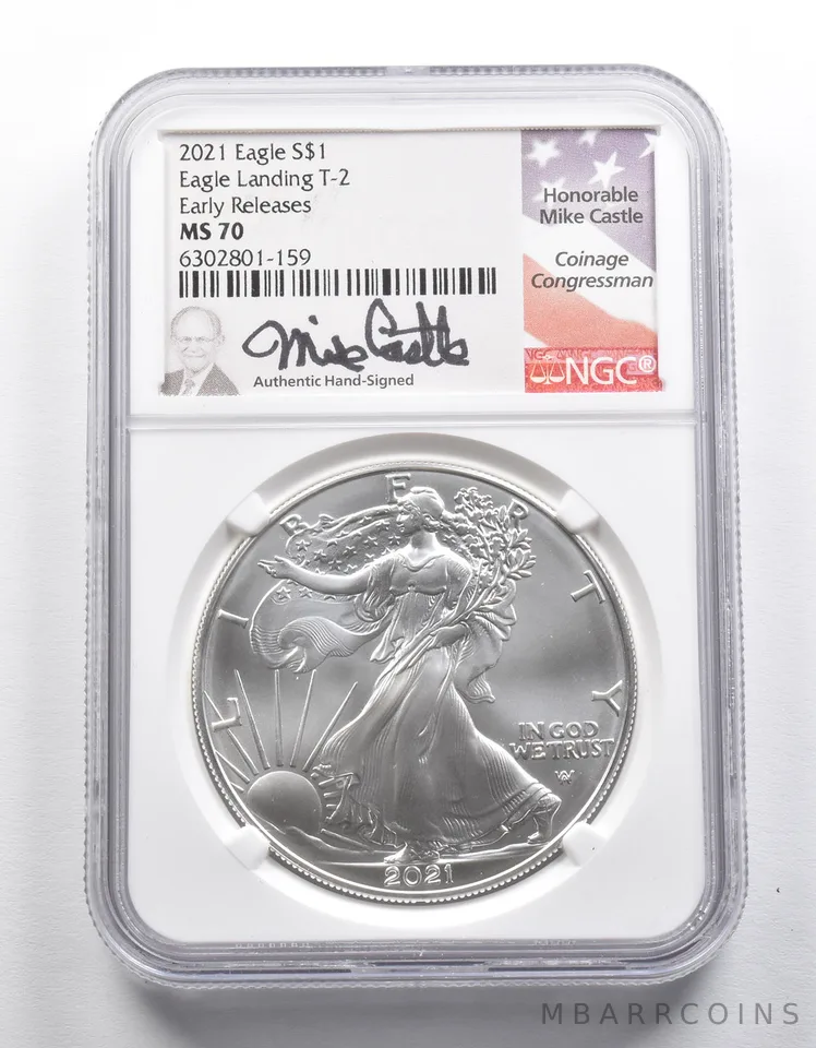 MS70 2021 American Silver Eagle Landing T2 ER Signed Castle NGC *2305