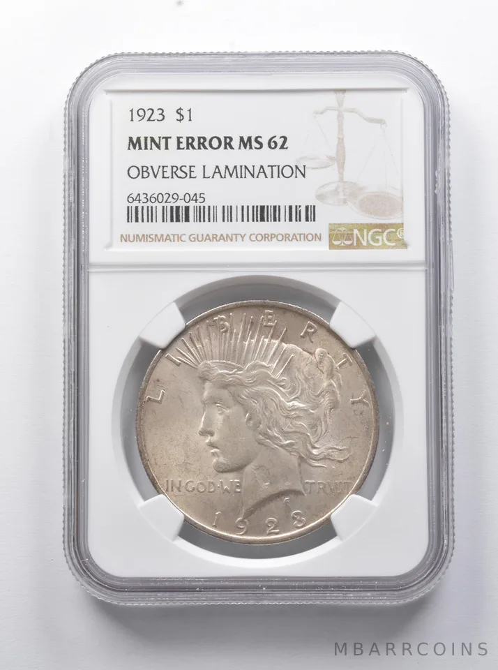 Error MS62 1923 Peace Silver Dollar OBV Lamination NGC *7895