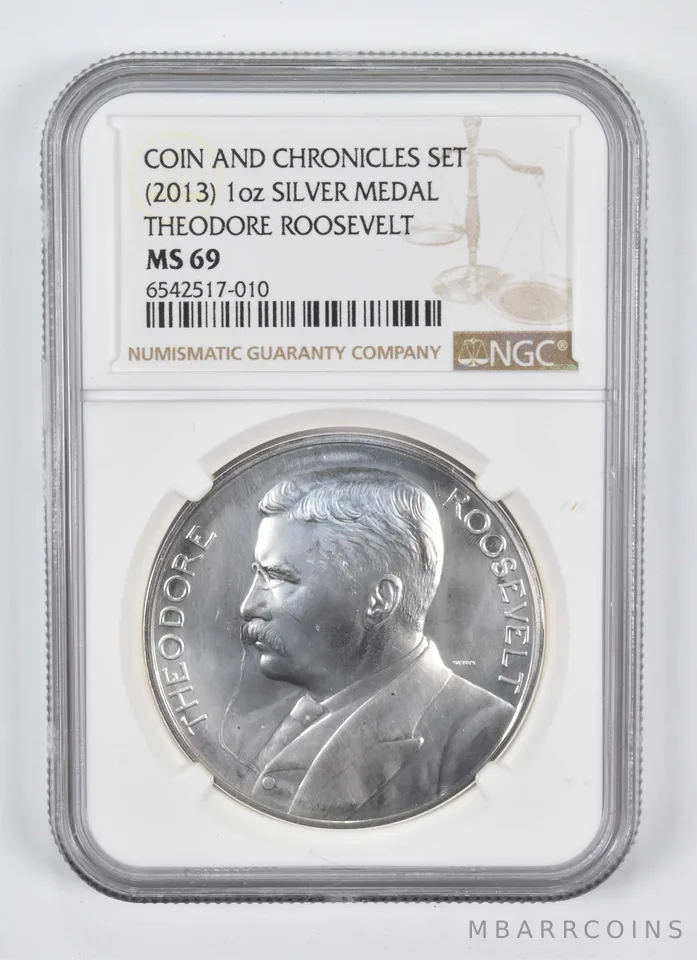 (2013) Silver Medal Theodore Roosevelt Coin and Chronicles 1 oz MS69 NGC