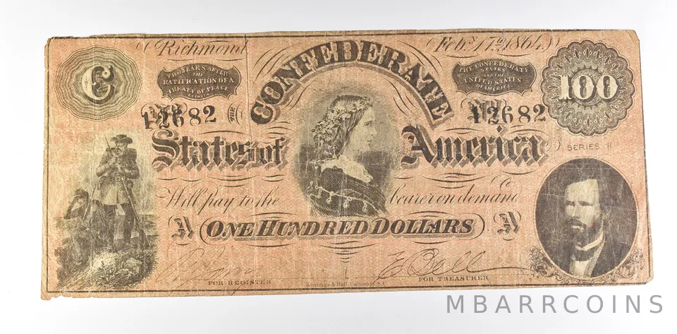 1864 $100 Confederate States Of America T-65 Large Note *8585
