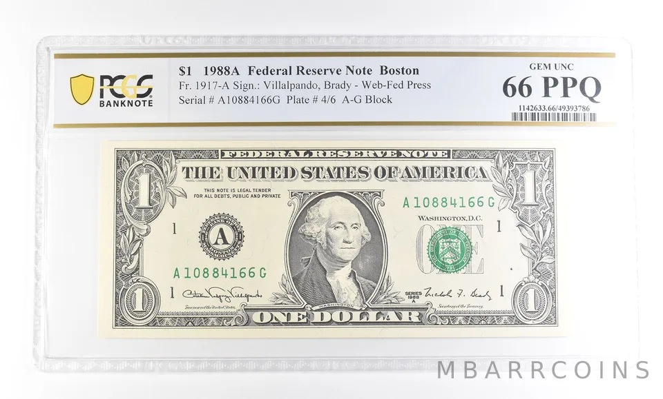 1988 A $1 Boston MA FRN Fr#1917-A Gem Unc 66 PPQ PCGS *2908