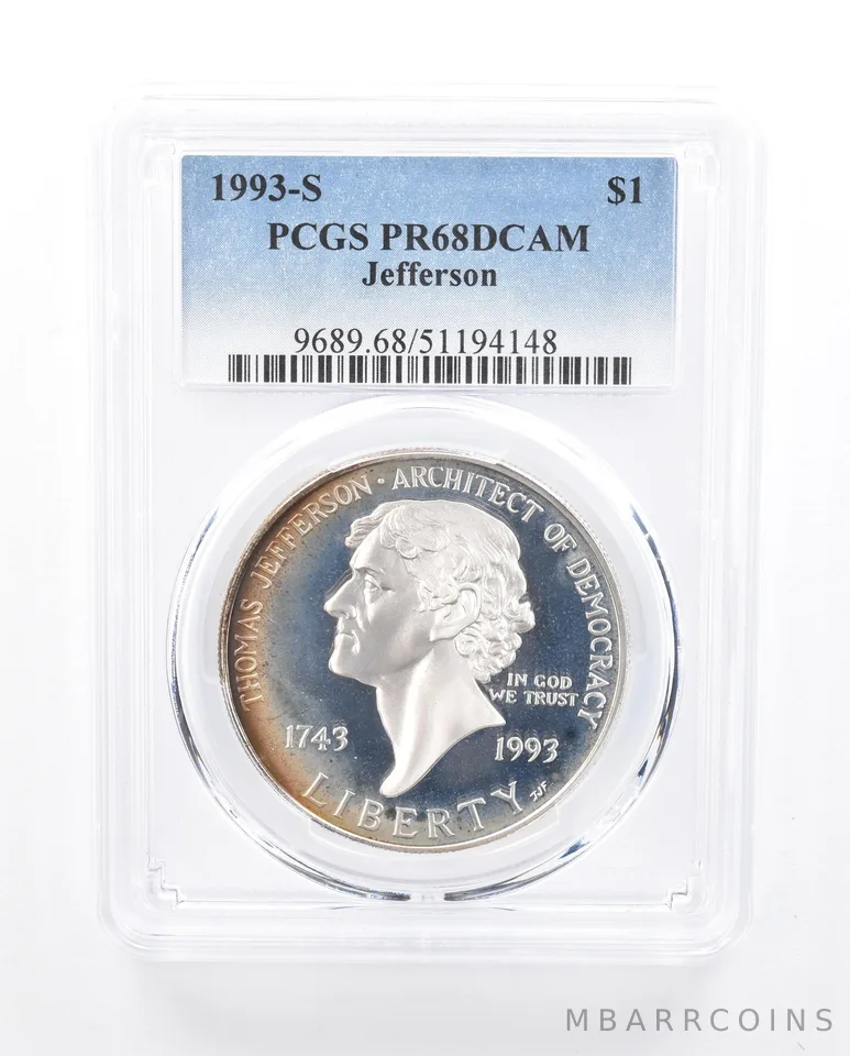 1993-S Jefferson Commemorative Dollar PR68 DCAM PCGS Rainbow Toned *5331