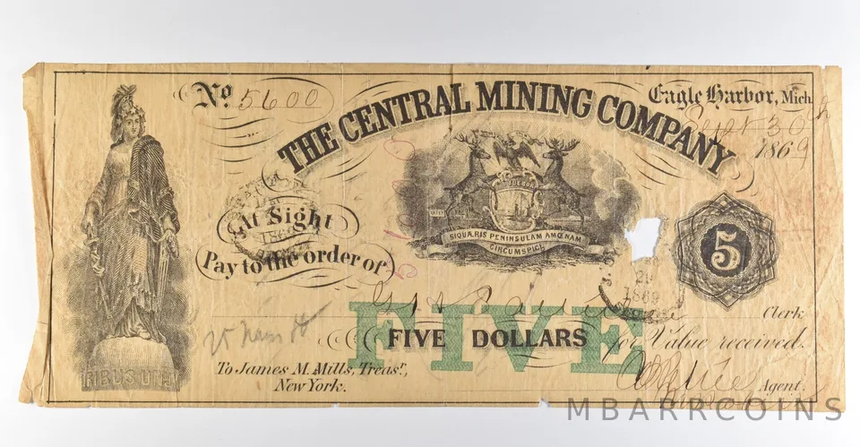 1869 $5 Eagle Harbor MI Central Mining Company Obsolete Note *8442