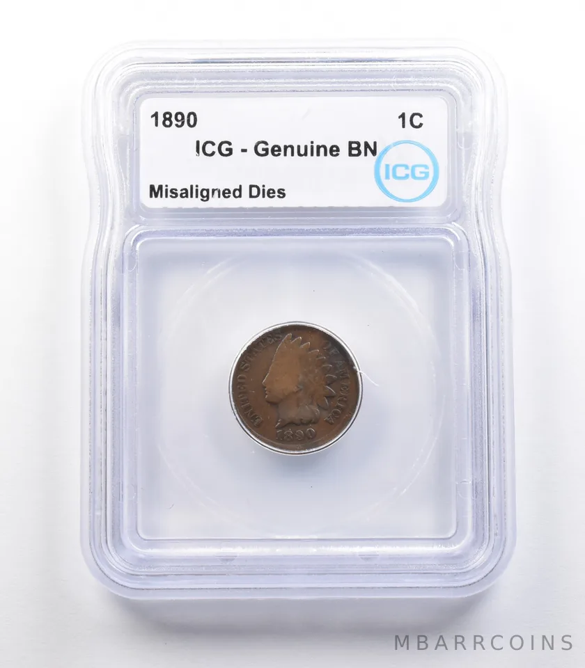 1890 Indian Head Cent Mint Error Misaligned Dies Genuine BN ICG *2272