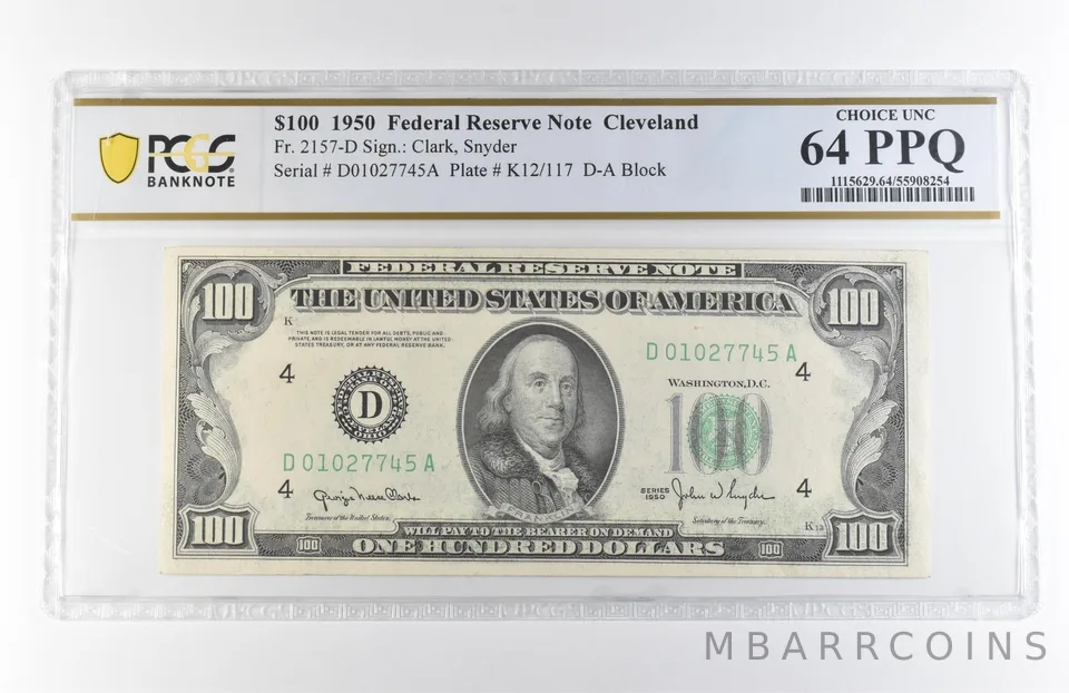 1950 $100 Cleveland OH FRN Fr#2157-D Choice Unc 64 PPQ PCGS *7871