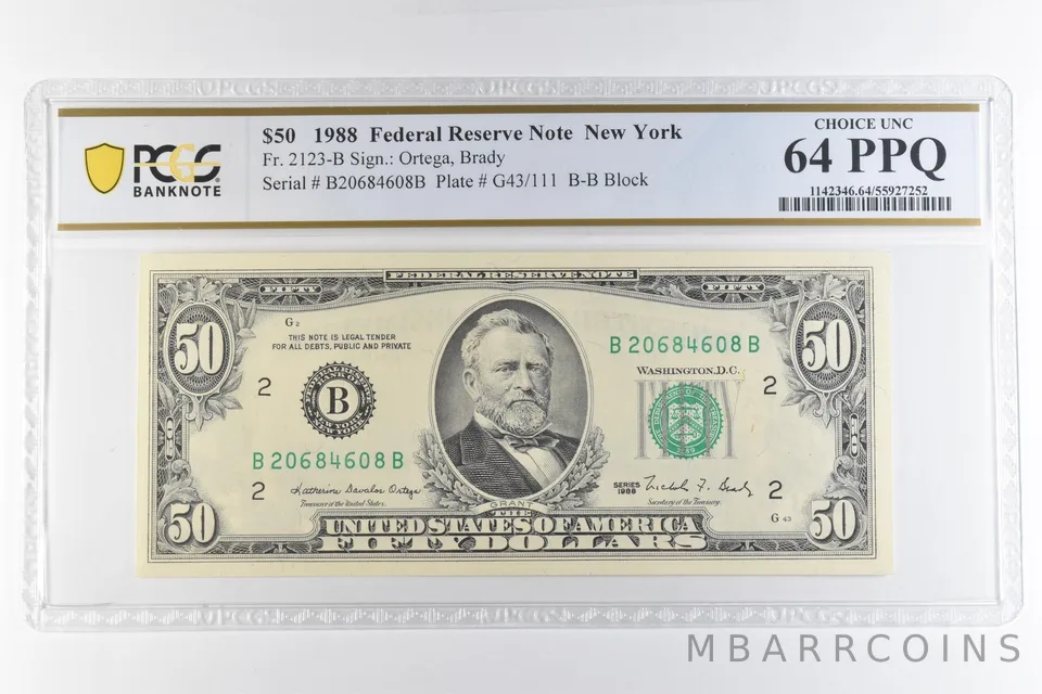1988 $50 New York NY FRN Fr#2123-B Choice Unc 64 PPQ PCGS *6900