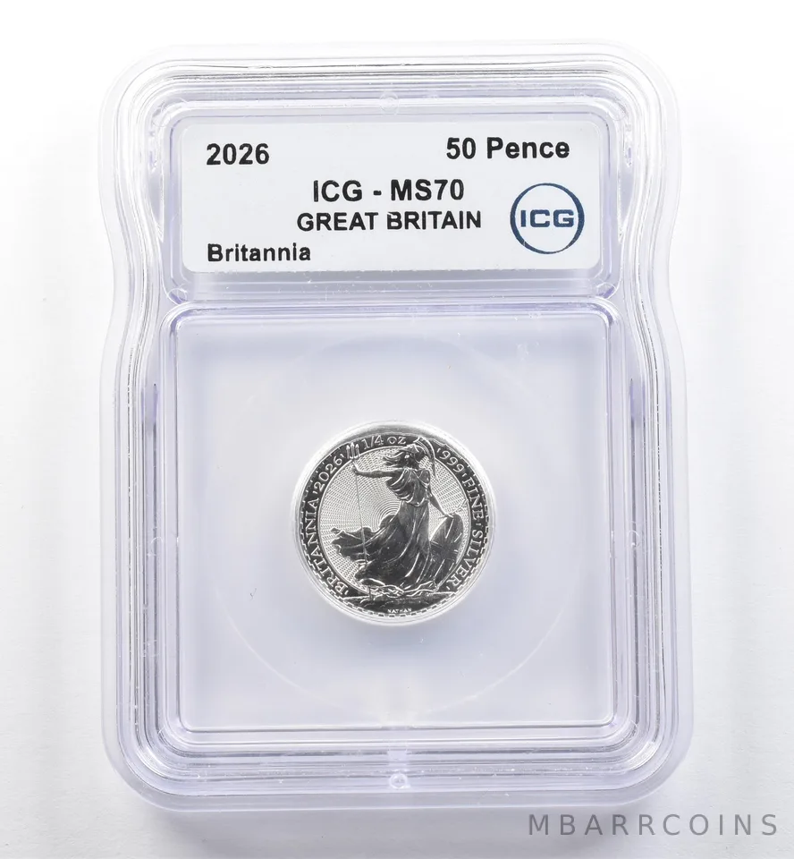 2026 Great Britain 50 Pence Silver Britannia MS70 ICG 1/4 Oz .999