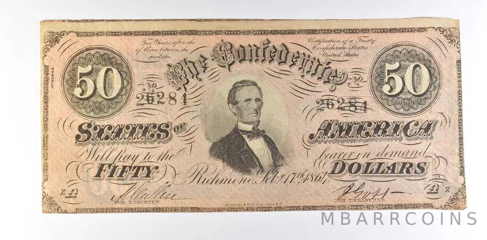 1864 $50 Confederate States Of America T-66 Large Note OFFSET ERROR *8542