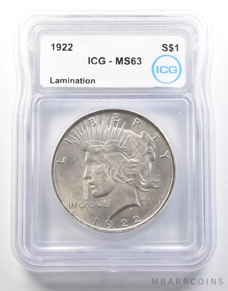 ERROR 1922 Peace Silver Dollar Lamination MS63 ICG Snot Rocket *0120