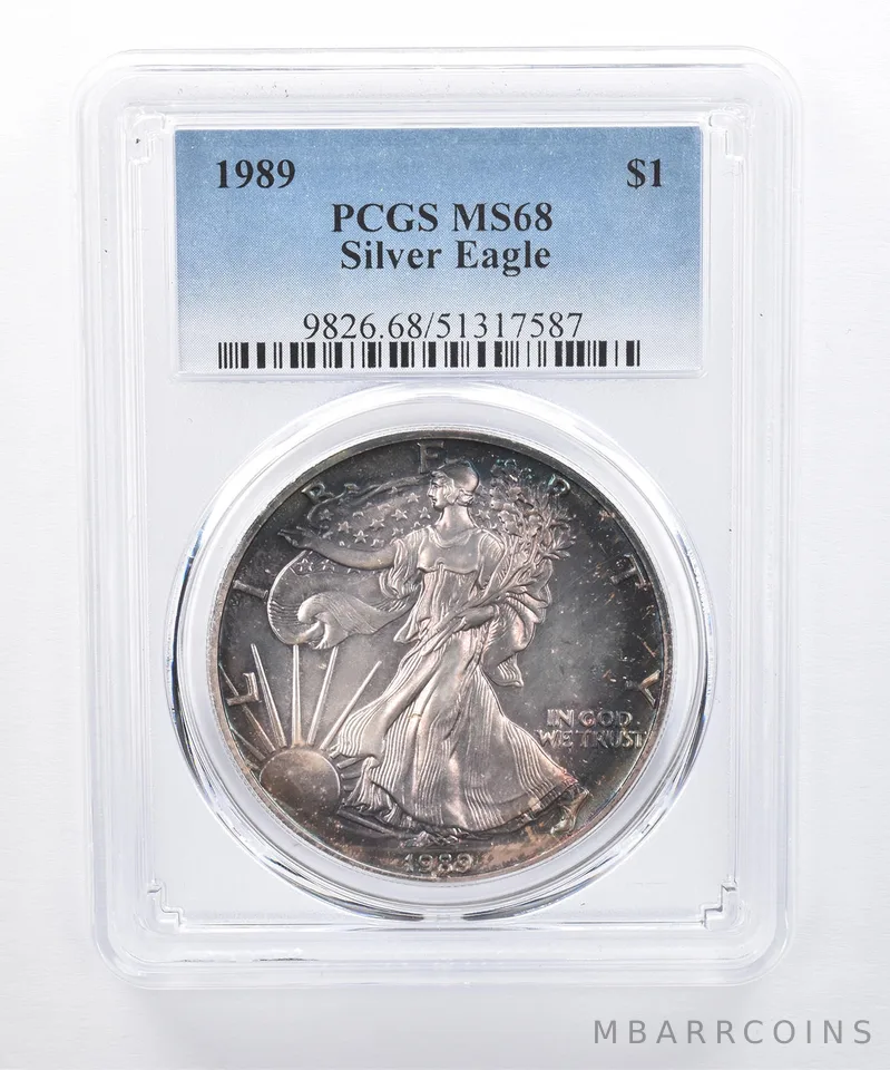 1989 American Silver Eagle MS68 PCGS Blue/Purple Tone *8277
