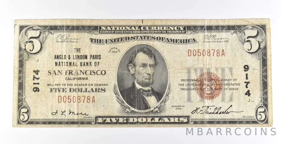 1929 $5 San Francisco CA National Currency Ch#9174 *5610