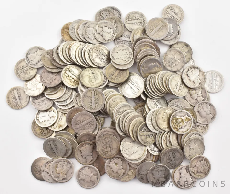 1923-S Mercury 90% Silver Dime Roll Lot of 50 PCS $5 Face