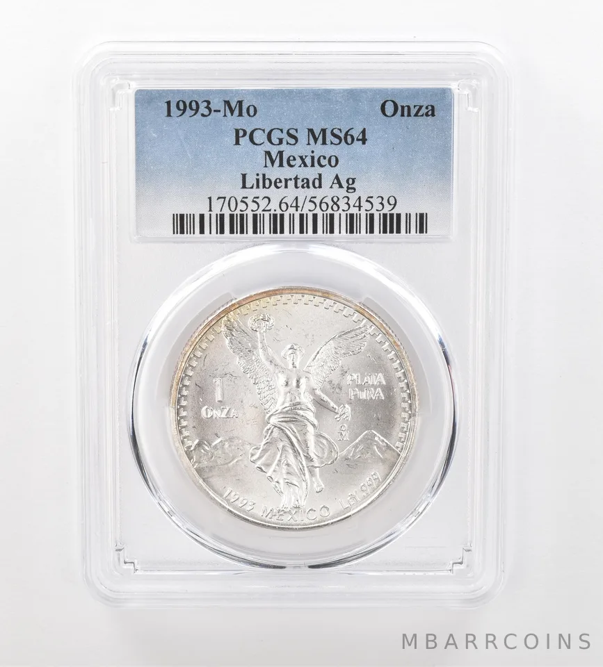 1993 Mo Mexico 1 Onza Silver Libertad MS64 PCGS Beautiful Tone Reverse *0918