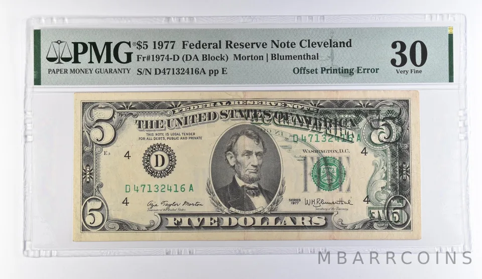1977 $5 Cleveland OH FRN OffPrinting Error Fr#1974-D VF 30 PMG *9449