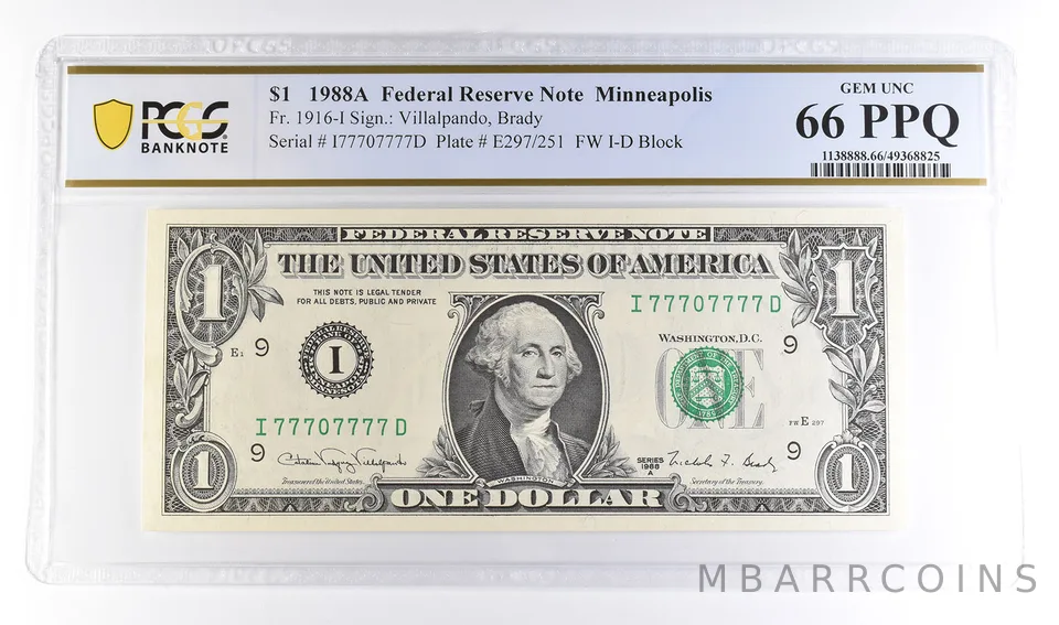 1988 A $1 Minneapolis FRN Fr#1916-I Unc 66 PPQ PCGS Near Solid 7 Serial a6129