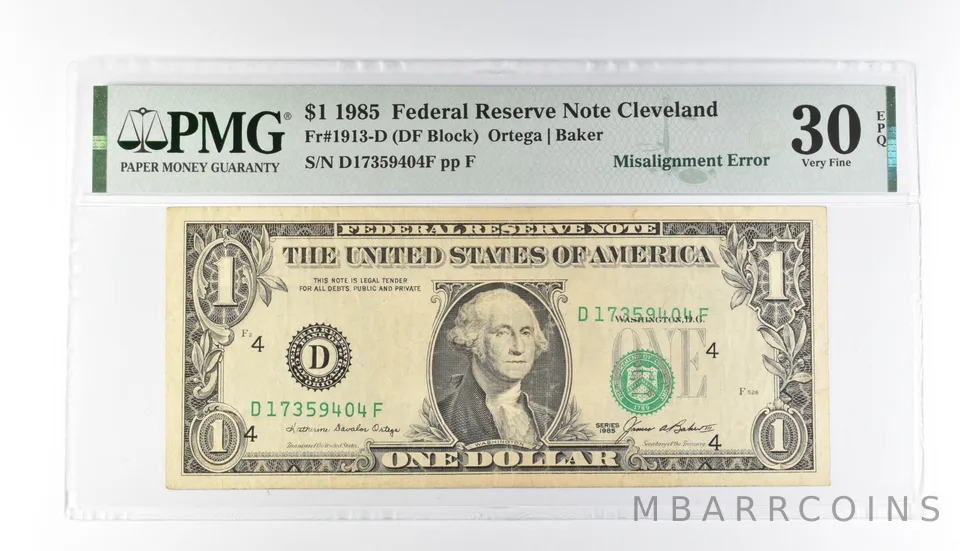 PMG 30 VF EPQ $1 1985 FRN Cleveland Fr#1913-D Misalignment Error *3200