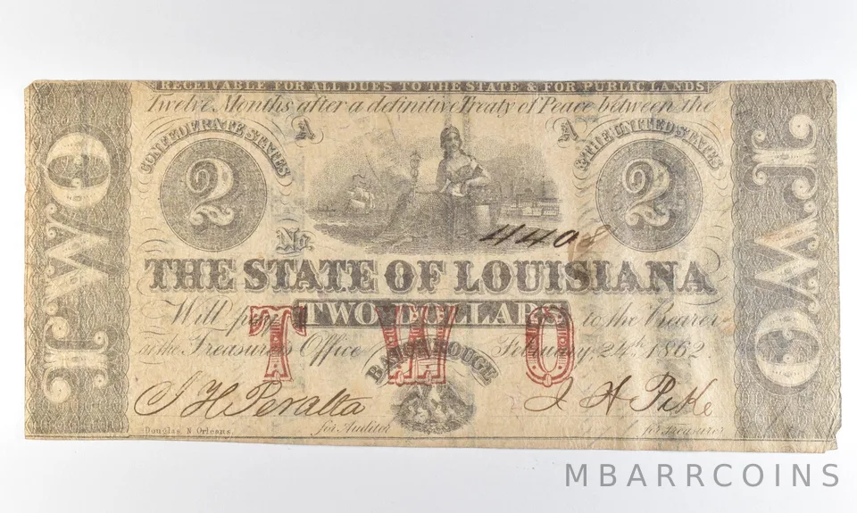 1862 $2 Baton Rouge LA Obsolete Note Printed on Texas Reverse *8324