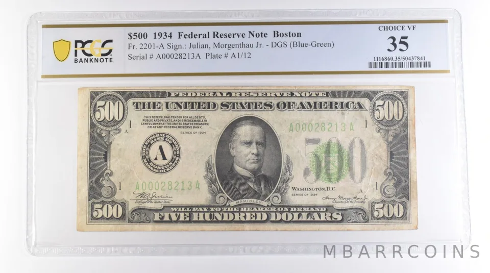 1934 $500 Boston MA FRN Fr#2201-A Choice VF 35 PCGS a9696