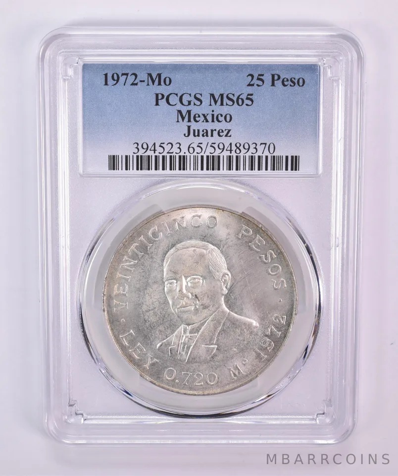 1972 Mo Mexico 25 Pesos Silver Juarez MS65 PCGS Blue Label