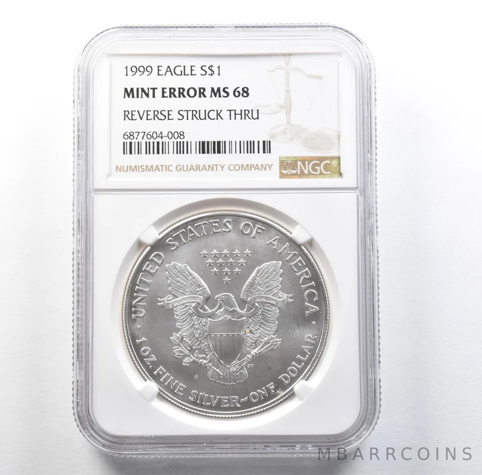 1999 American Silver Eagle Mint Error Reverse Struck Thru MS68 NGC *3119