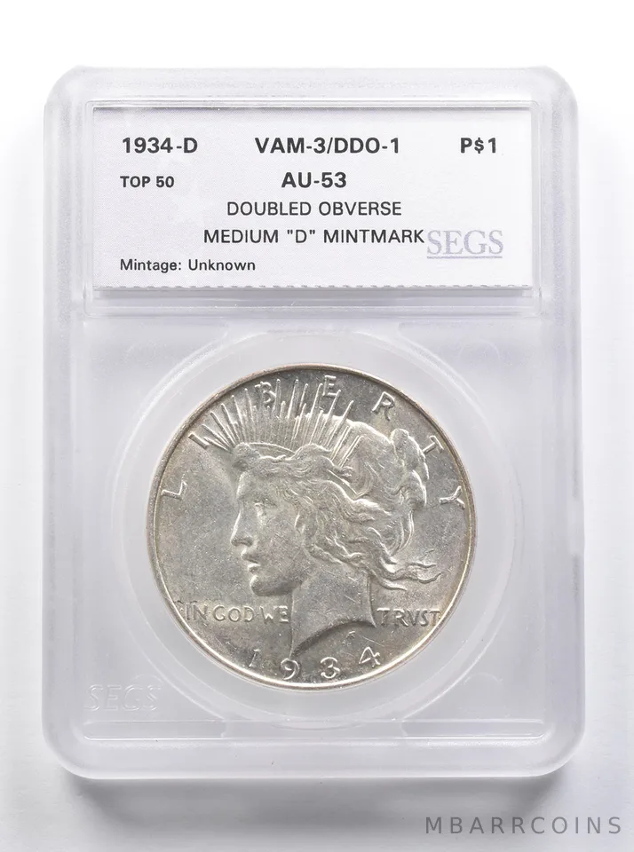 1934-D Peace Silver Dollar VAM 3/DDO 1 Double OBV Med D Mintmark *8400