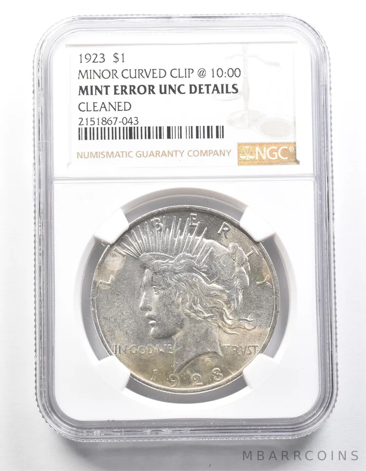 1923 Peace Silver Dollar Mint Error Minor Curved Clip @ 10:00 Det NGC a1304
