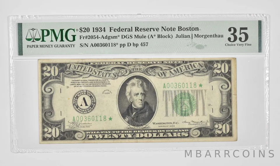$20 1934 Boston, MA FRN PMG 35 Choice Very Fine Fr# 2054-Adgsm* Mule *0929