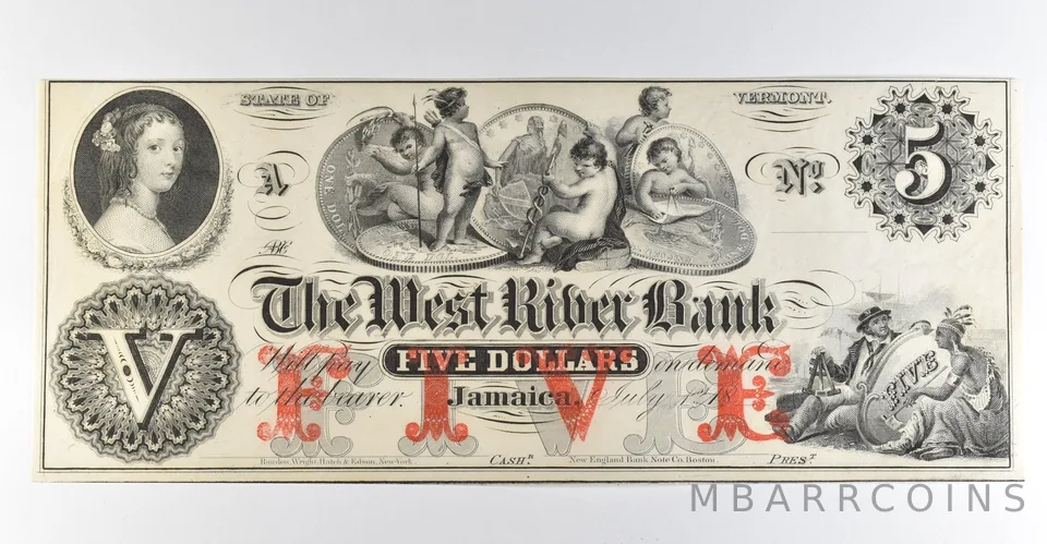 1800s $5 Jamaica VT West River Bank Obsolete Note *8384