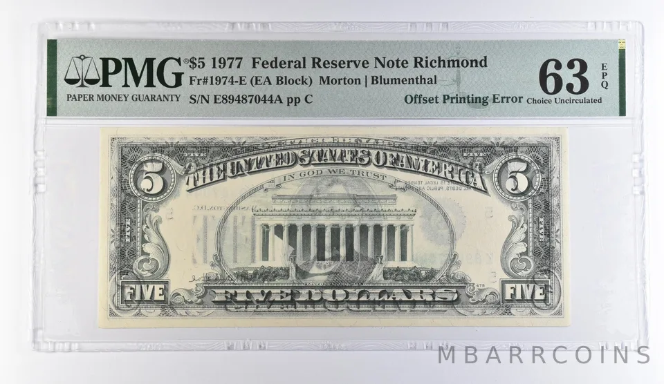 1977 $5 Richmond VA FRN OffPrinting Error Fr#1974-E Choice Unc 63 EPQ PMG *9451