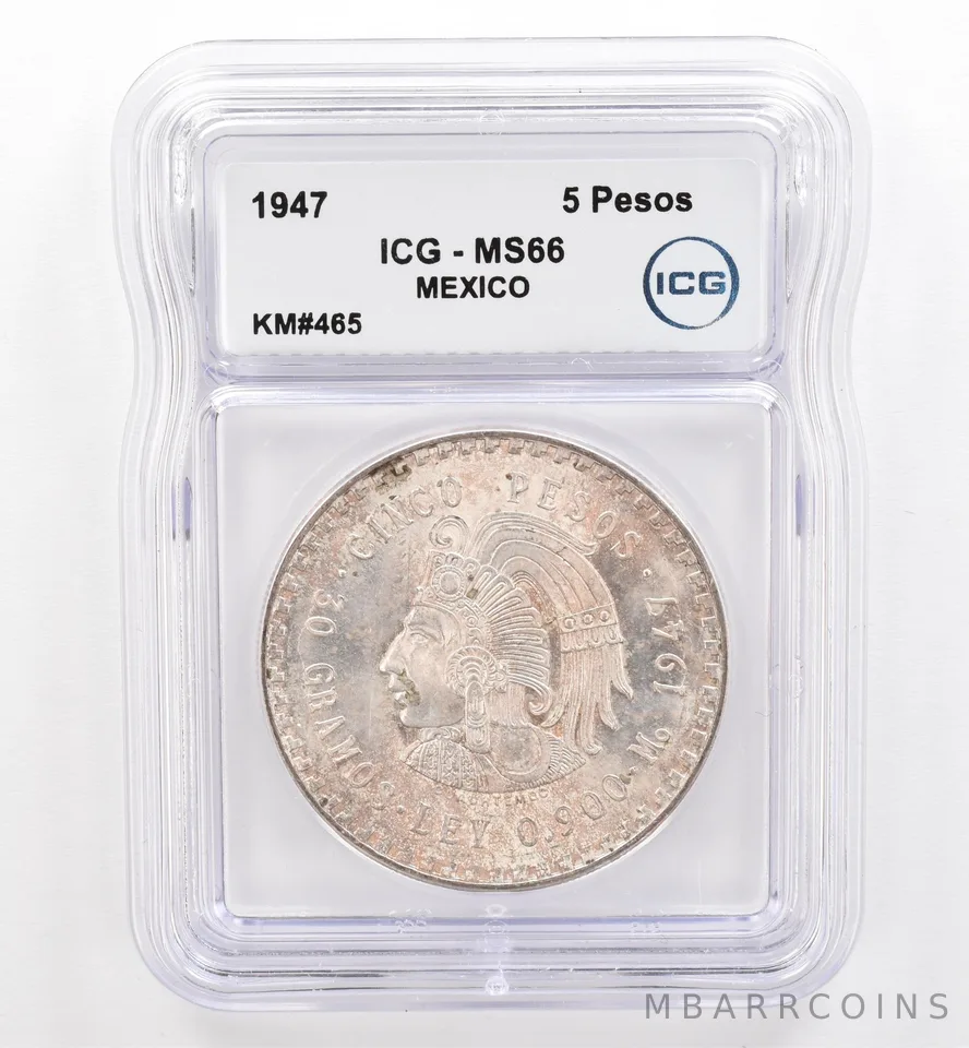 1947 Mo Mexico 5 Pesos KM#465 MS66 ICG Beautiful Tone *9496