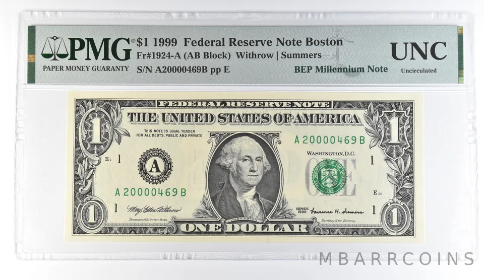 1999 $1 Boston MA FRN Fr#1924-A BEP Millennium Note PMG Fancy Serial *8096