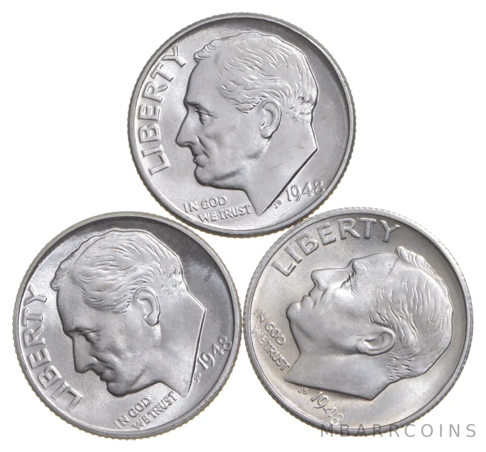 Choice Unc 1948 P+D+S Roosevelt Dime Gem BU Collection Lot Set