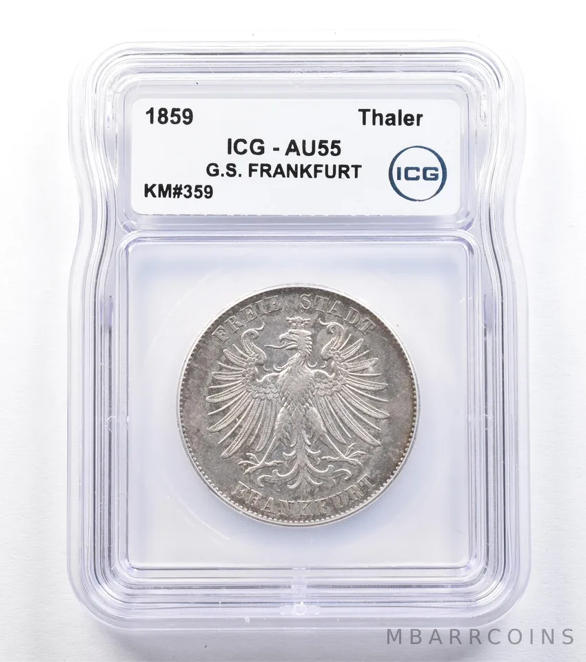 1859 German States Frankfurt Thaler KM#359 AU55 ICG *1838