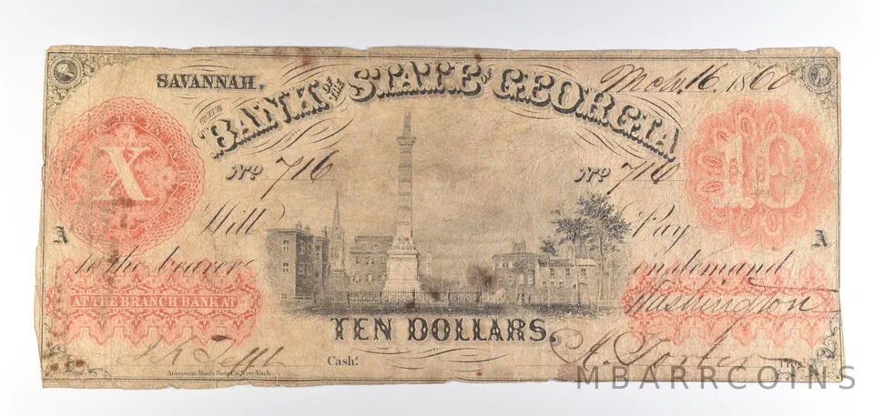 1860 $10 Savannah GA Bank Of The State Obsolete Note *8810