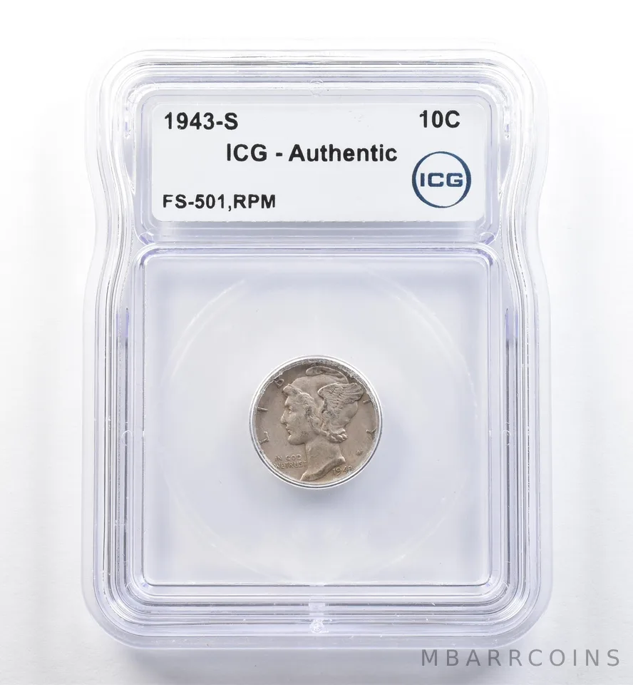 1943-S Mercury Dime FS-501 RPM Authentic ICG *5995