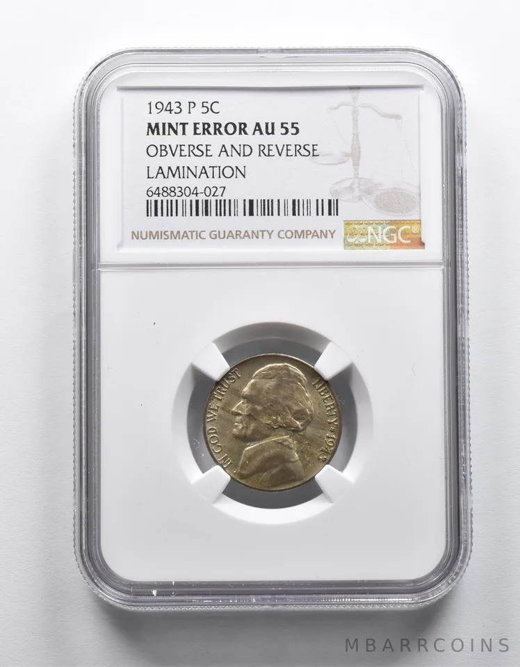 Mint Error AU55 1943-P Jefferson Nickel OBV & REV Lamination NGC *1869