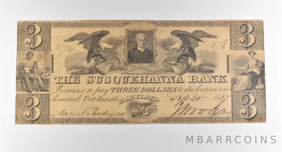 1837 $3 Port-Deposit MD The Susquehanna Bank Obsolete Note *3810