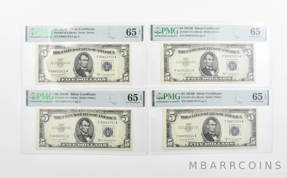 Lot (4) PMG 65 EPQ 1953 B $5 Silver Certificate Consecutive Notes Fr#1657 *1133