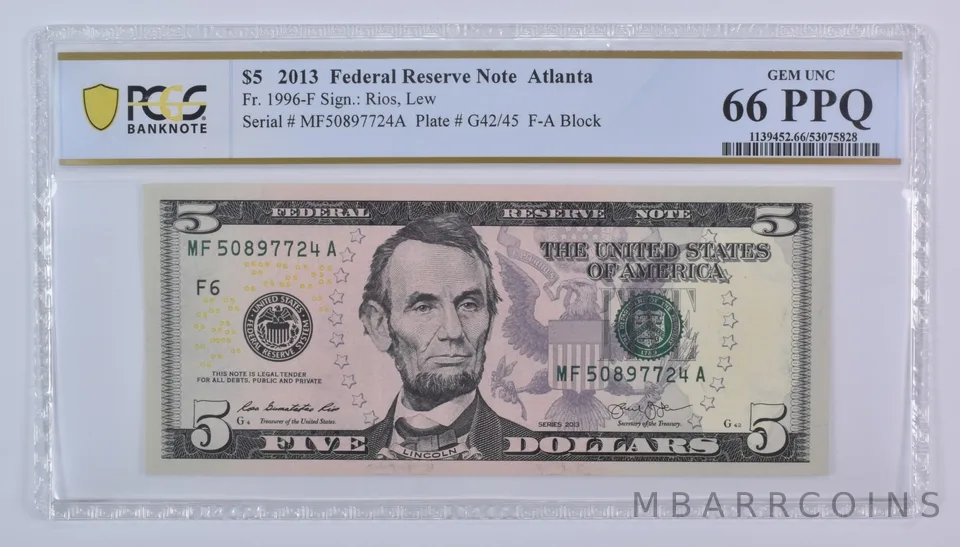 2013 $5 Atlanta GA FRN Fr#1996-F Gem Unc 66 PPQ PCGS