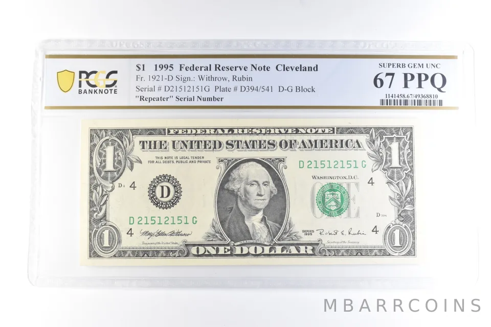 1995 $1 Cleveland FRN Fr#1921-D Repeater Serial Superb Gem Unc 67 PPQ PCGS *6091