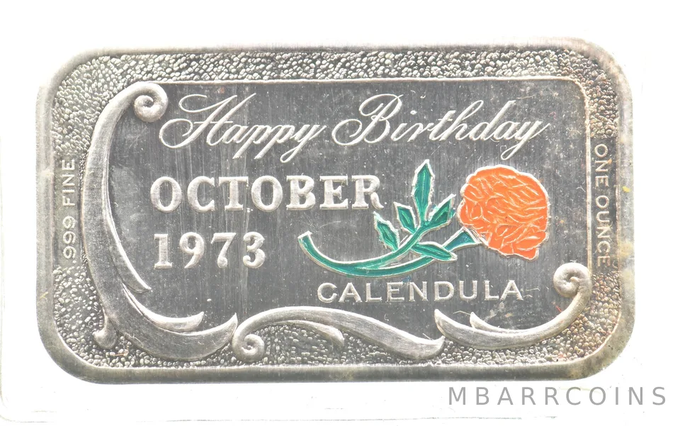 1973 1 Oz Silver Bar Happy Birthday October Ceeco Calendula Enamel *3624