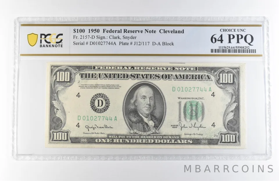 1950 $100 Cleveland OH FRN Fr#2157-D Choice Unc 64 PPQ PCGS *7869