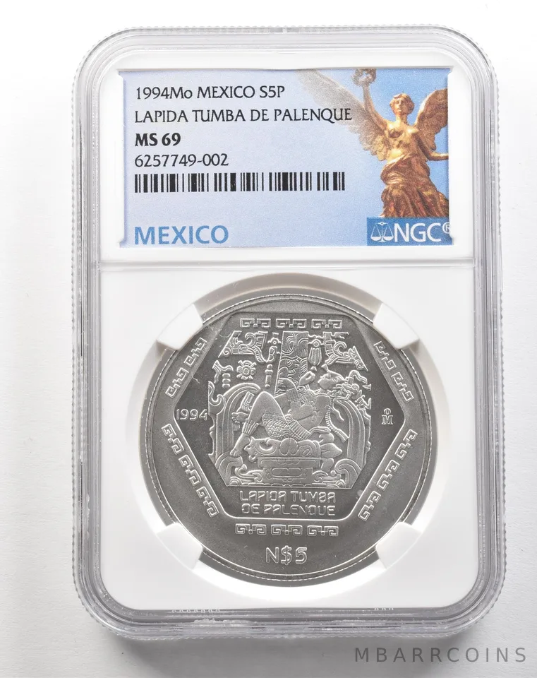 1994 Mo Mexico 5 Pesos Silver Lapida Tumba De Palenque MS69 NGC *5155