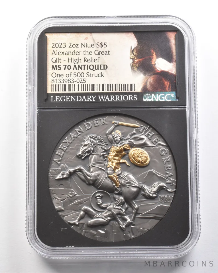 2023 Niue $5 Silver Alexander The Great Gilt High Relief MS70 Antiqued NGC *7460