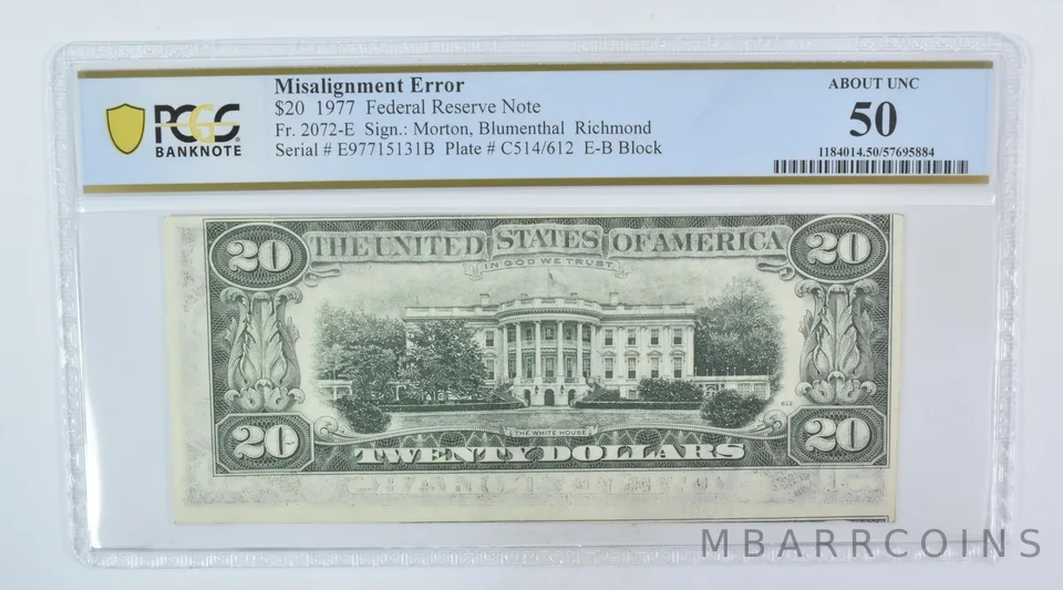 1977 $20 Richmond VA FRN Misalignment Error Fr#2072-E About Unc 50 PCGS a5993