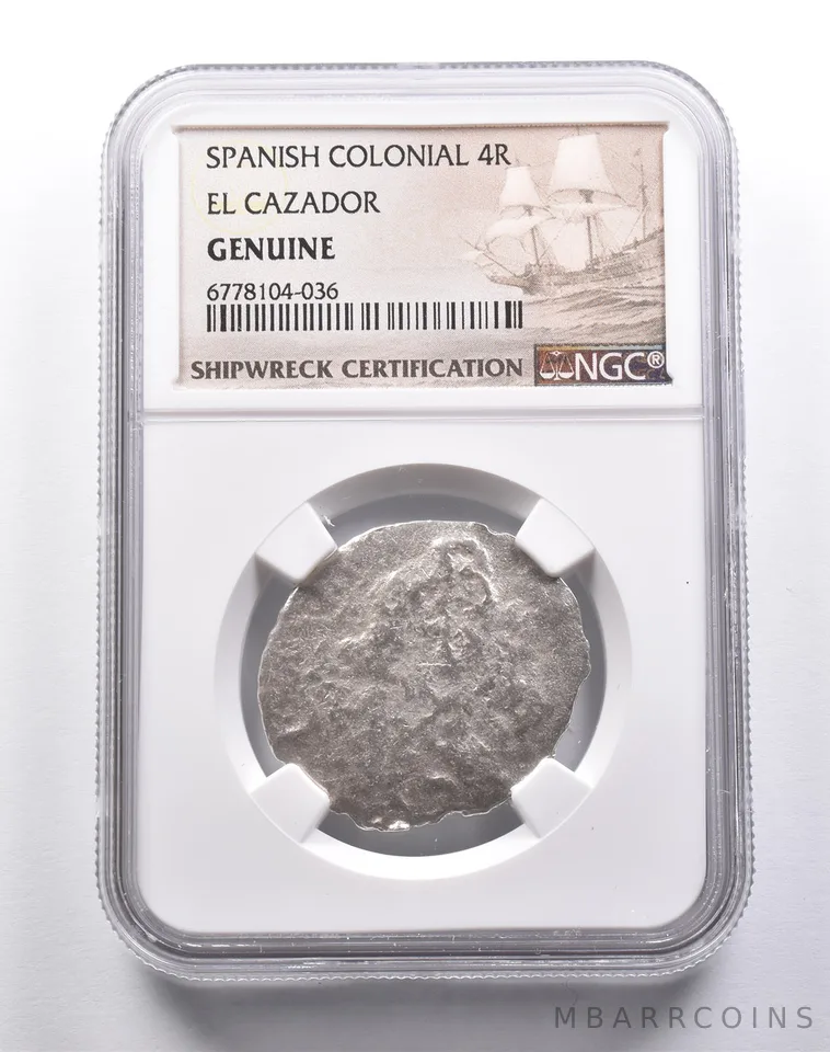 Genuine El Cazador Spanish Colonial 4 Reales NGC Shipwreck Certification *3753