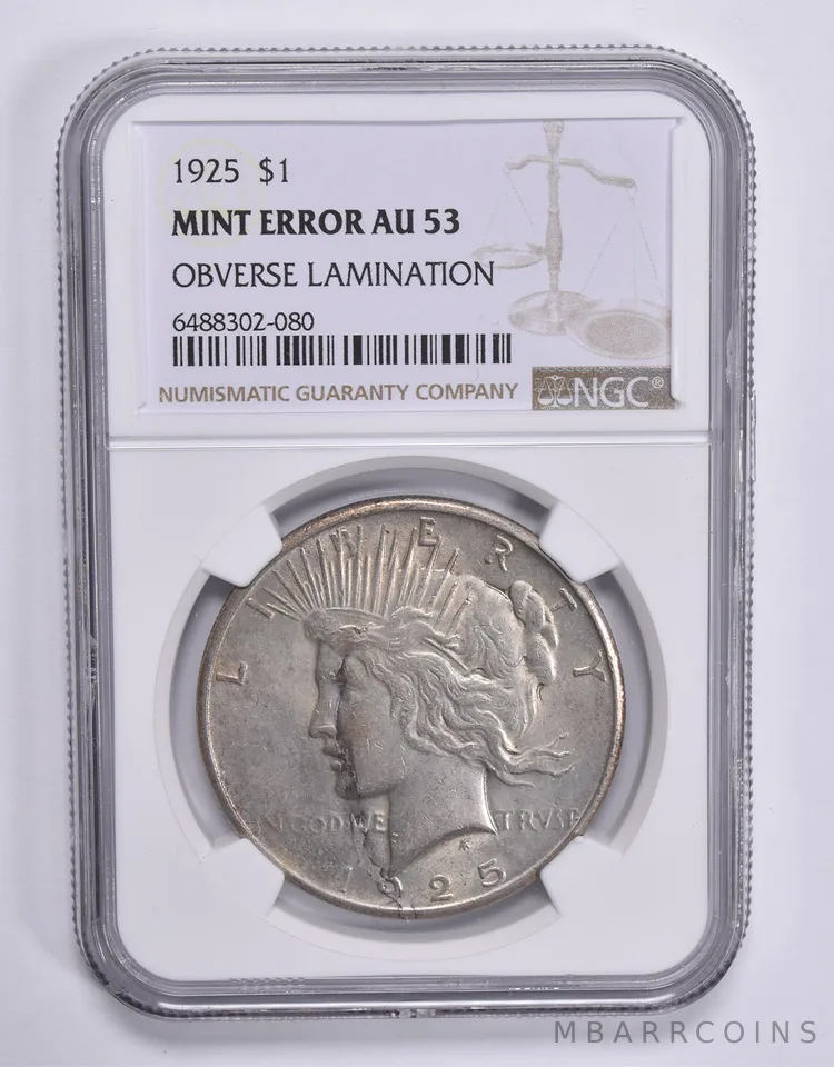 MINT ERROR AU53 1925 Peace Silver Dollar OBV Lamination NGC *1805