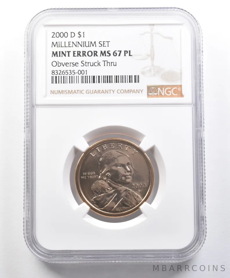 2000-D Sacagawea $1 Millennium Set Mint Error Obv Struck Thru MS67 PL NGC *3137