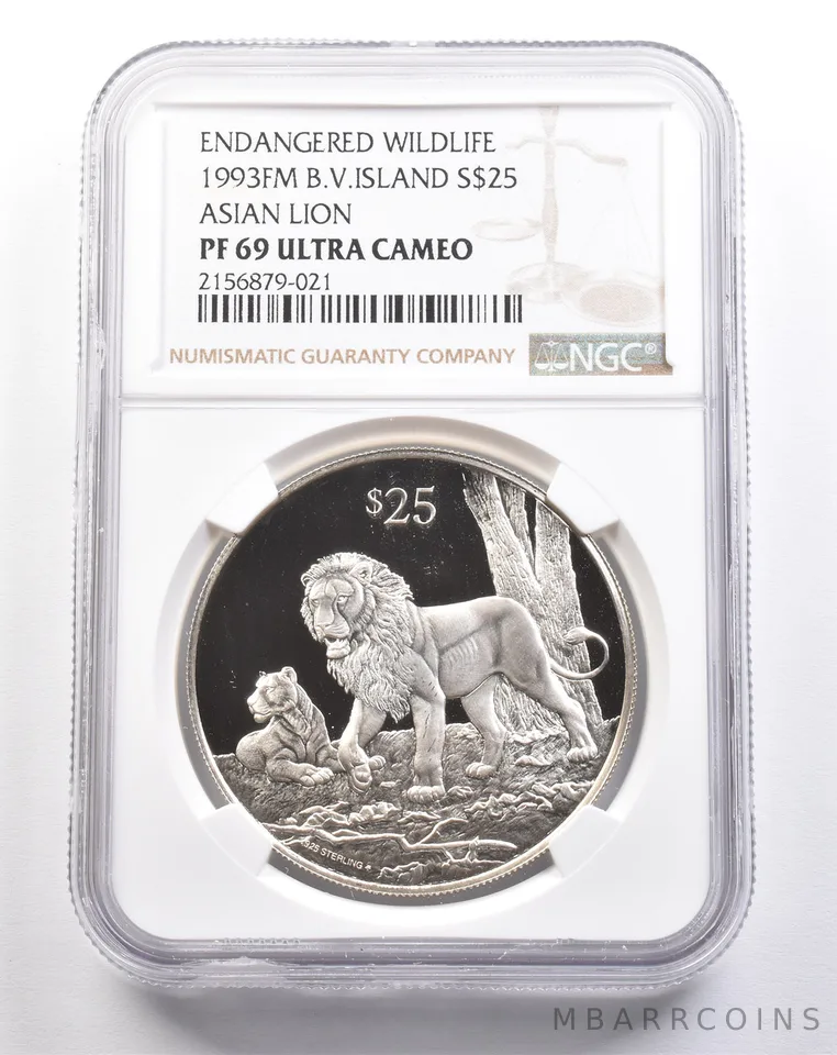 1993 FM British Virgin Islands 25 Dollars Silver Asian Lion PF69 UCAM NGC *4924